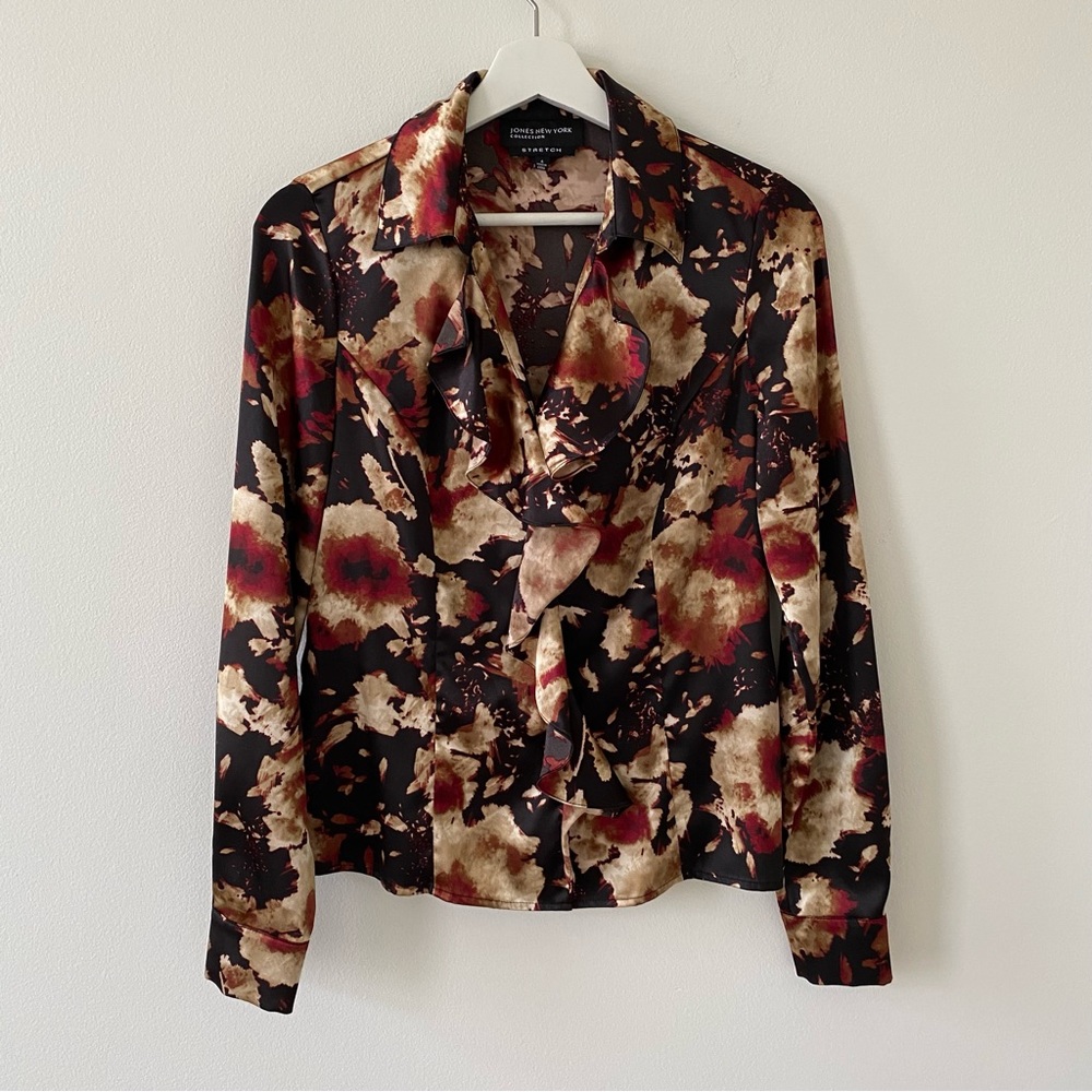 Jones New York Women’s Ruffle Button Down Blouse EUC